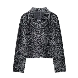 Tangada 2024 New Women Leopard Crop Knit Cardigan Sweaters Female Jumper Outwear 3H873