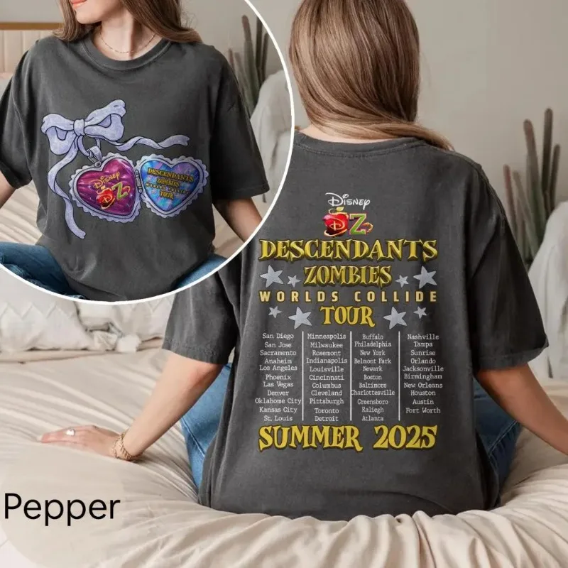 تي شيرت Descendants Zombies Worlds Collide Tour Disney للسيدات من القطن الخالص كاجوال عصري للشارع