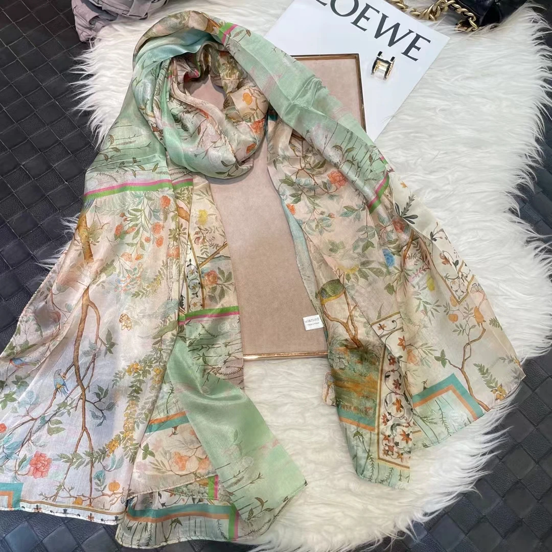 

BYSIFA| Light Green Silk Scarf Ladies Fashion Spring Summer Floral Beach Scarves Shawls Fall Winter Long Scarves Wraps 180*110cm