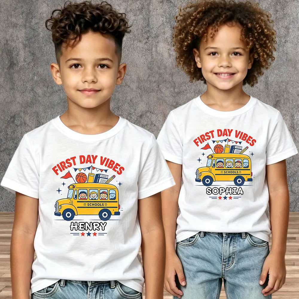 Custom Name Toddler Kindergarten Back To School T‑Shirt Short Sleeve School Bus Print First Day of School Outfit Boys Girls Kids