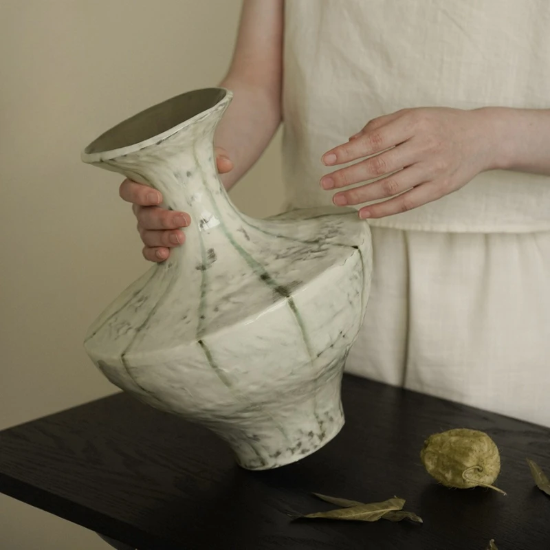 مزهرية سيراميك مصنوعة يدويًا على الطراز الصيني الجديد لغرفة المعيشة وطاولة الطعام وتنسيق الزهور