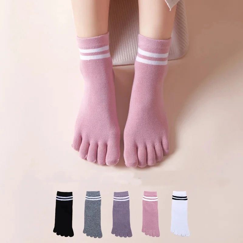 Cotton 5 Finger Socks Short Women Striped Solid Soft Elastic Breathable Student Young Casual Harajuku Toe Socks 4 Seasons