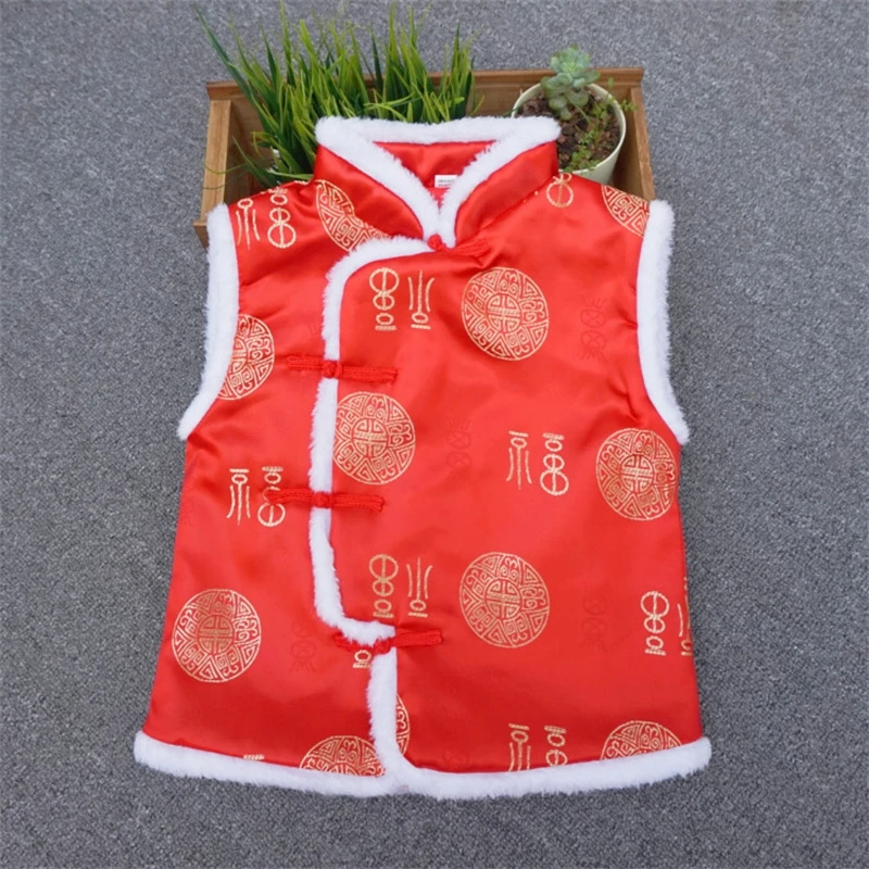 

10Colors Chinese Traditional Kids Vest New Year Tang Suit Qipao Waistcoat Kids Winter Cotton Outerwear Thick Outfits Clithing