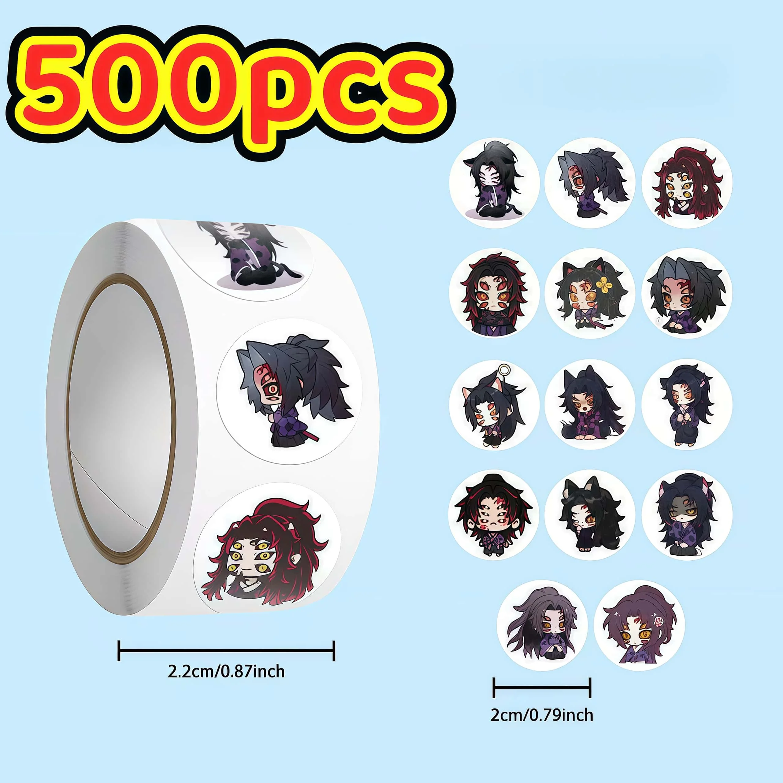 500Pcs Demon Slayer Kokushibo Chibi Sticker Roll, Cute Multi-Pose Anime Character Decals for DIY, Journal & Gift Decor