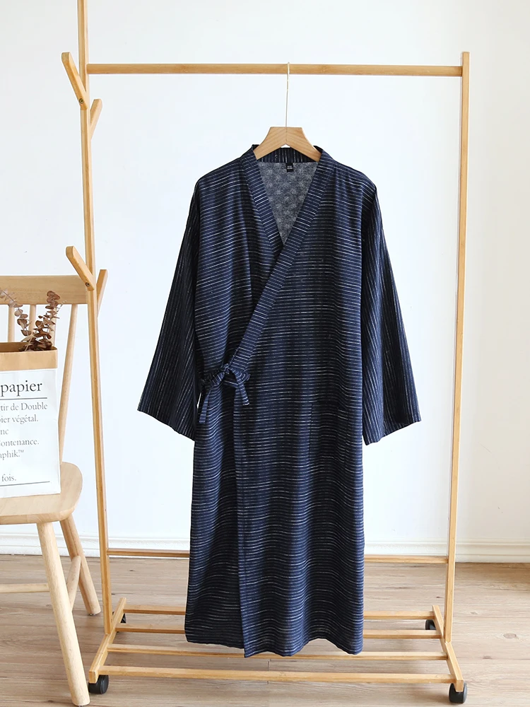 Japanese Style Pure Cotton Terylene Robe Men's Floral Pattern Long Sleeve Mid-Length Bathrobe Striped Loose Fit Home Wear