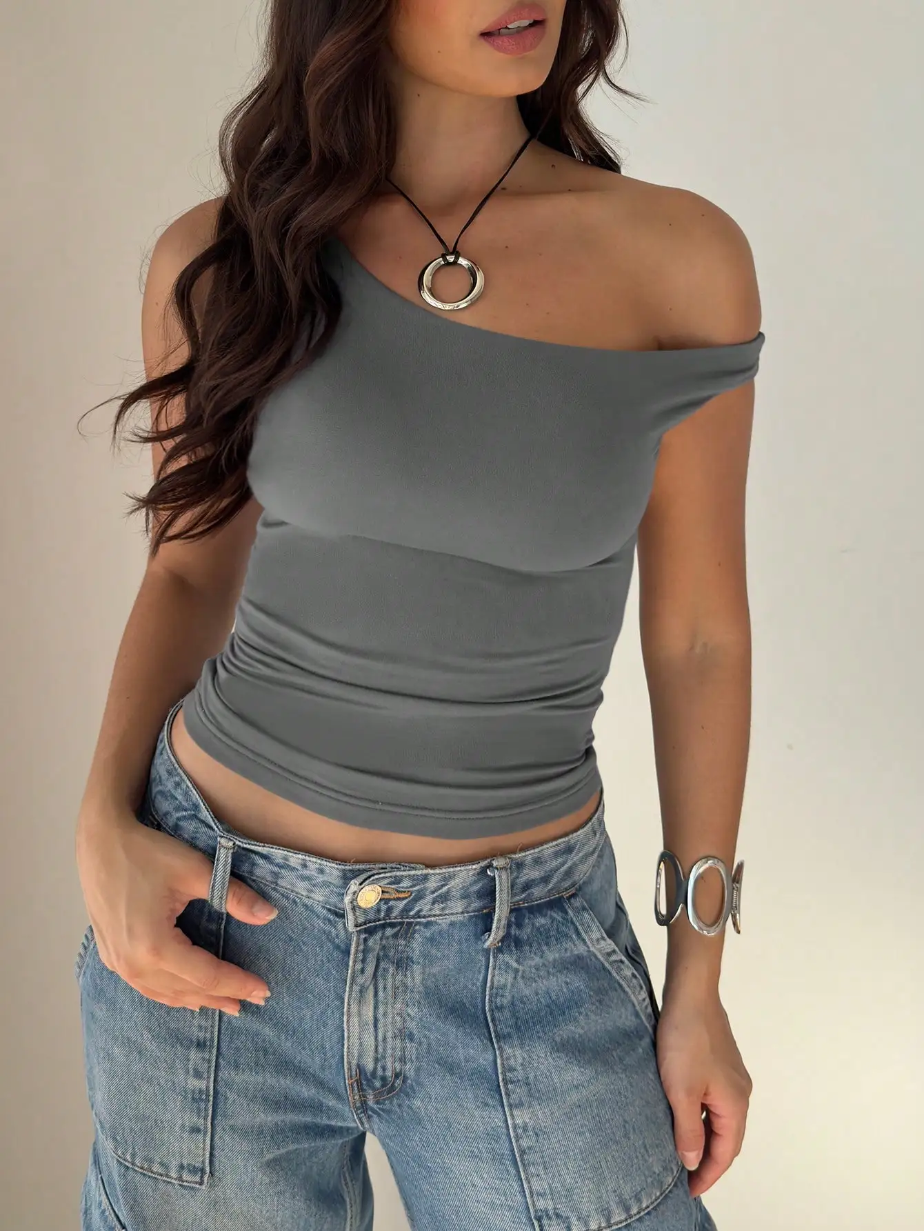 

Women's Asymmetric Off Shoulder Pleated Crop Top - Solid Gray Summer Tee