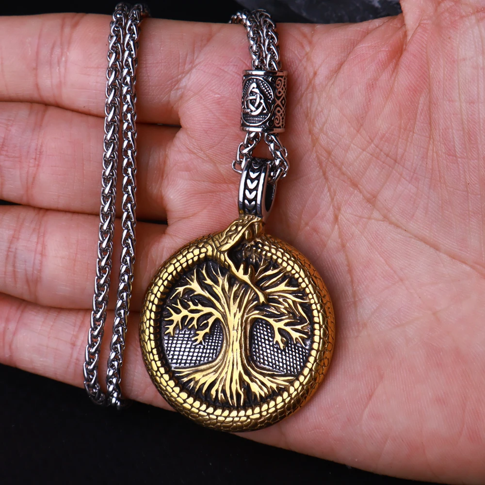 Nordic Yggdrasil Viking Tree of Life Pendant Necklace Stainless Steel Viking Ourobles Necklace Men Vintage Fashion Charm Jewelry