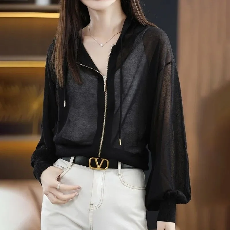 

2025 New Women Ice Silk Hooded Zipper Sunscreen Coat Summer Cardigan Loose Air Conditioning Long Sleeve Knitted Jacket Top