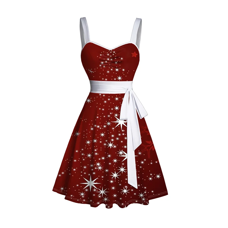 2024 Women's Christmas Party Dresses Belted Mini Dress Sparkling Star Snowflake Print Sweetheart Neckline Ruched Dress