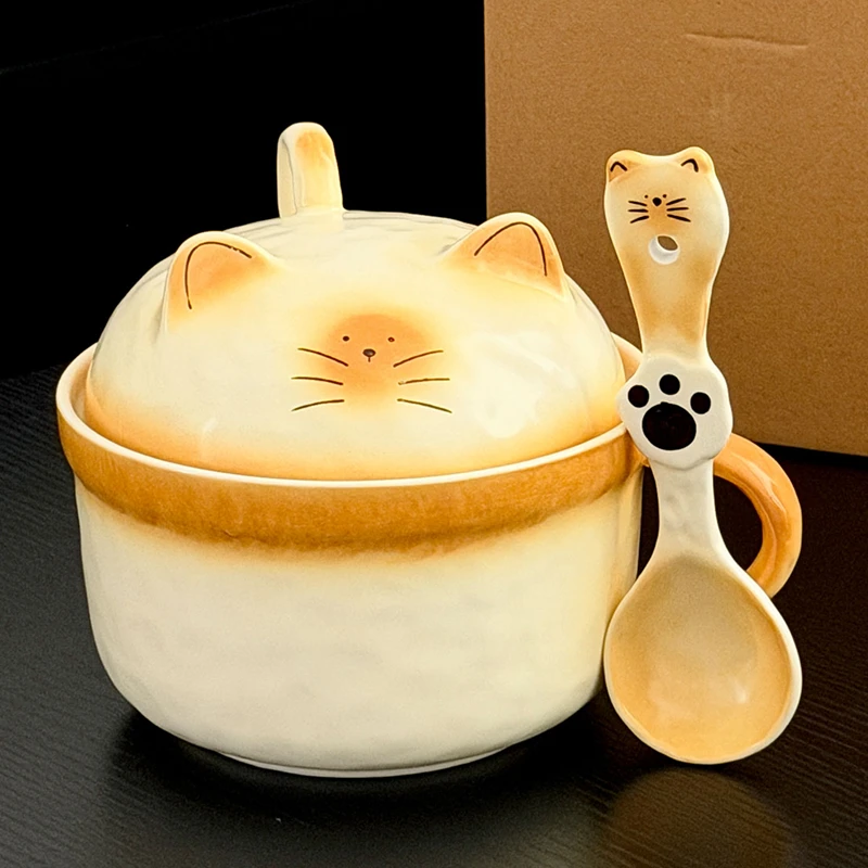 Cute Cat Ceramic Noodle Bowl Set With Lid & Spoon, 1000ml Large Ramen Soup Bowl Microwave Safe