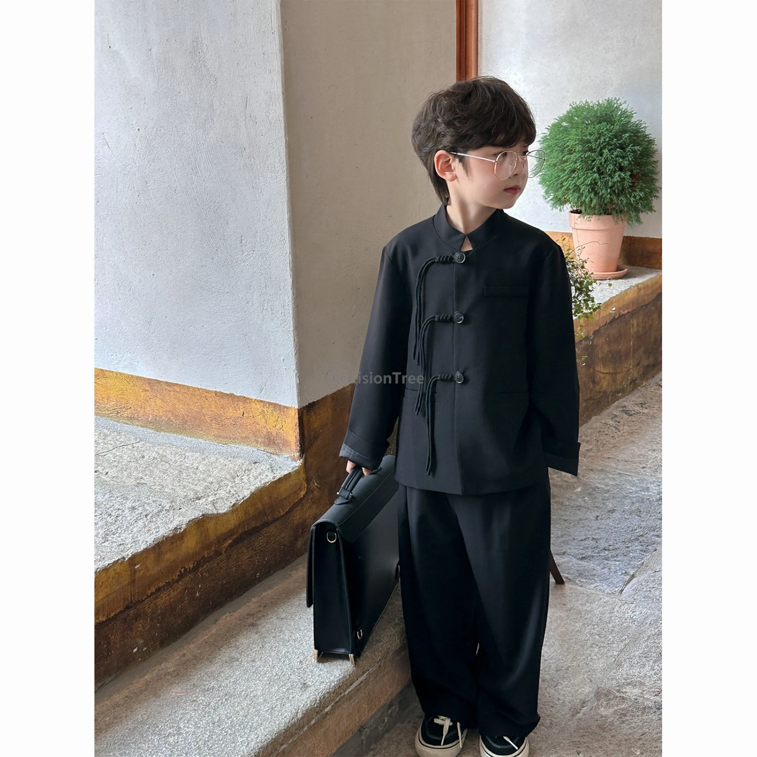 2026 handsome boys' ethnic style chinese tunic suit simple pure color temperament outfit elegant fashionable cool autumn garment