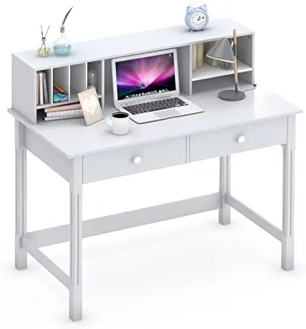 

Computer Desk with Drawers and Hutch, 43.3 inch White Office Desks Small Makeup Vanity Desk Table with for Small Spaces Bedroo