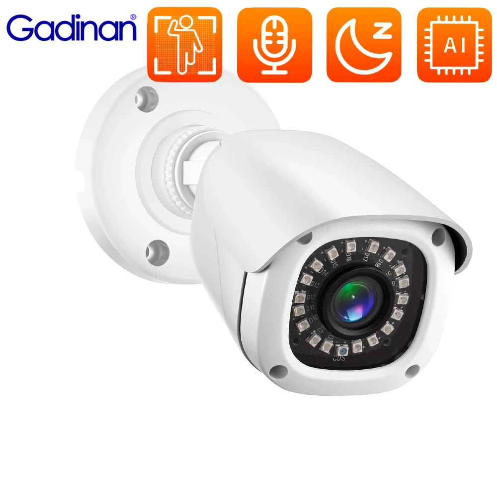 Gadinan-Câmera IP HD à prova d\'água, Visão Noturna, Ao ar livre, One Way Audio, Detecção de Rosto, LED IR, P2P, POE Bullet, CCTV, 8MP, 5MP, 4MP