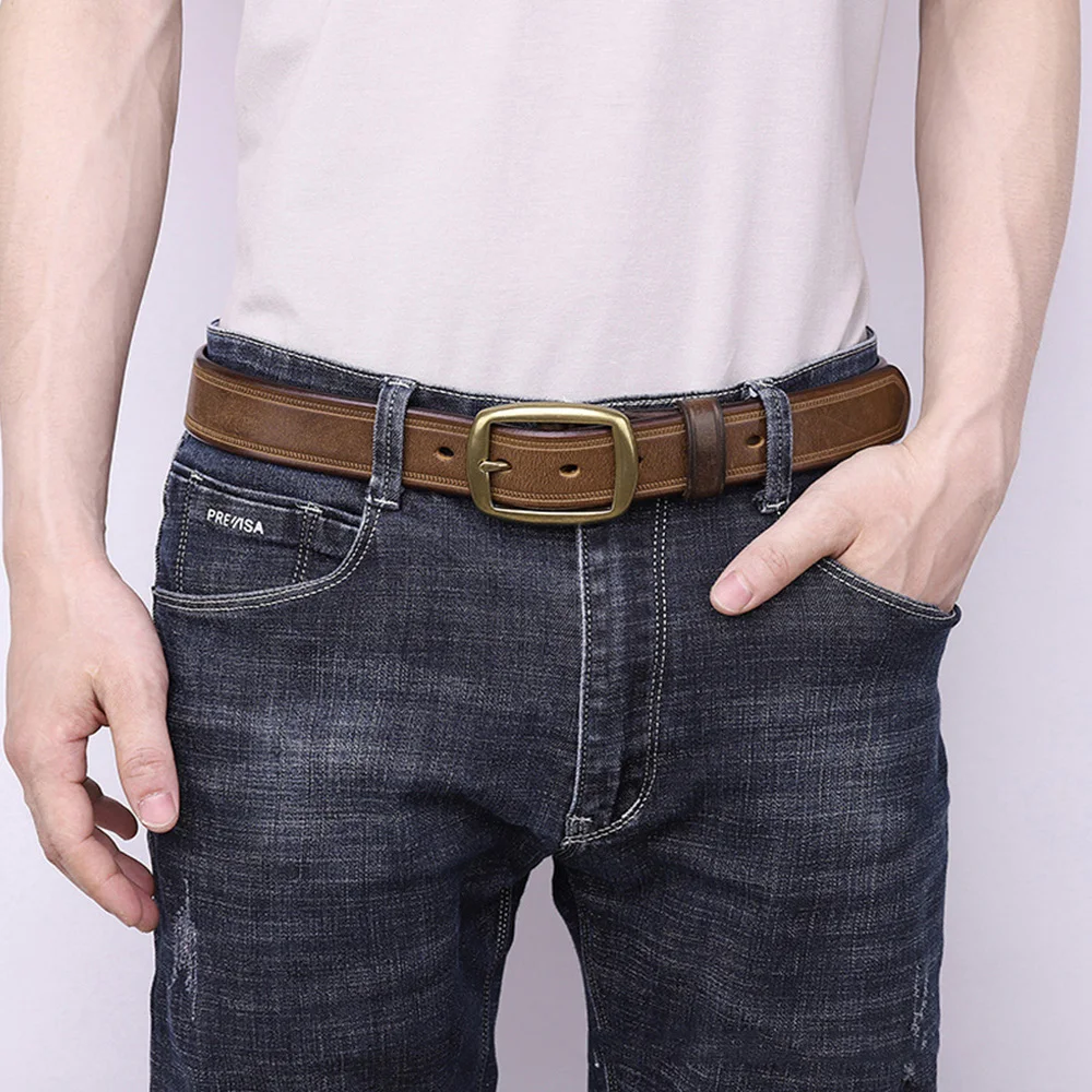 FAJARINA Men‘s Retro Cowhide Leather Brass Pin Buckle Metal Belt 3.3cm Width