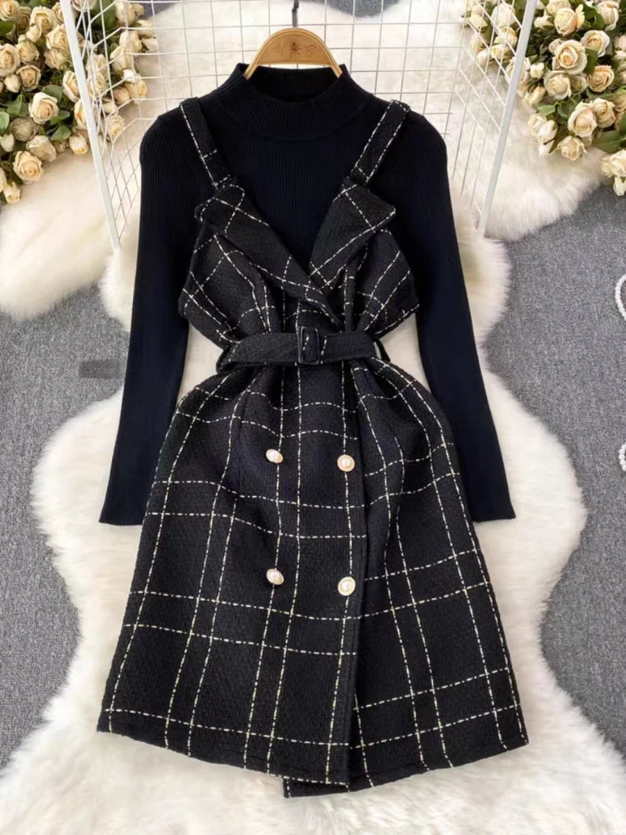 New Small Fragrance Tweed Dress Sets Women Elegant Long Sleeve Bottoming Sweater + Vintage Plaid Sling Dresses Office Lady Suits