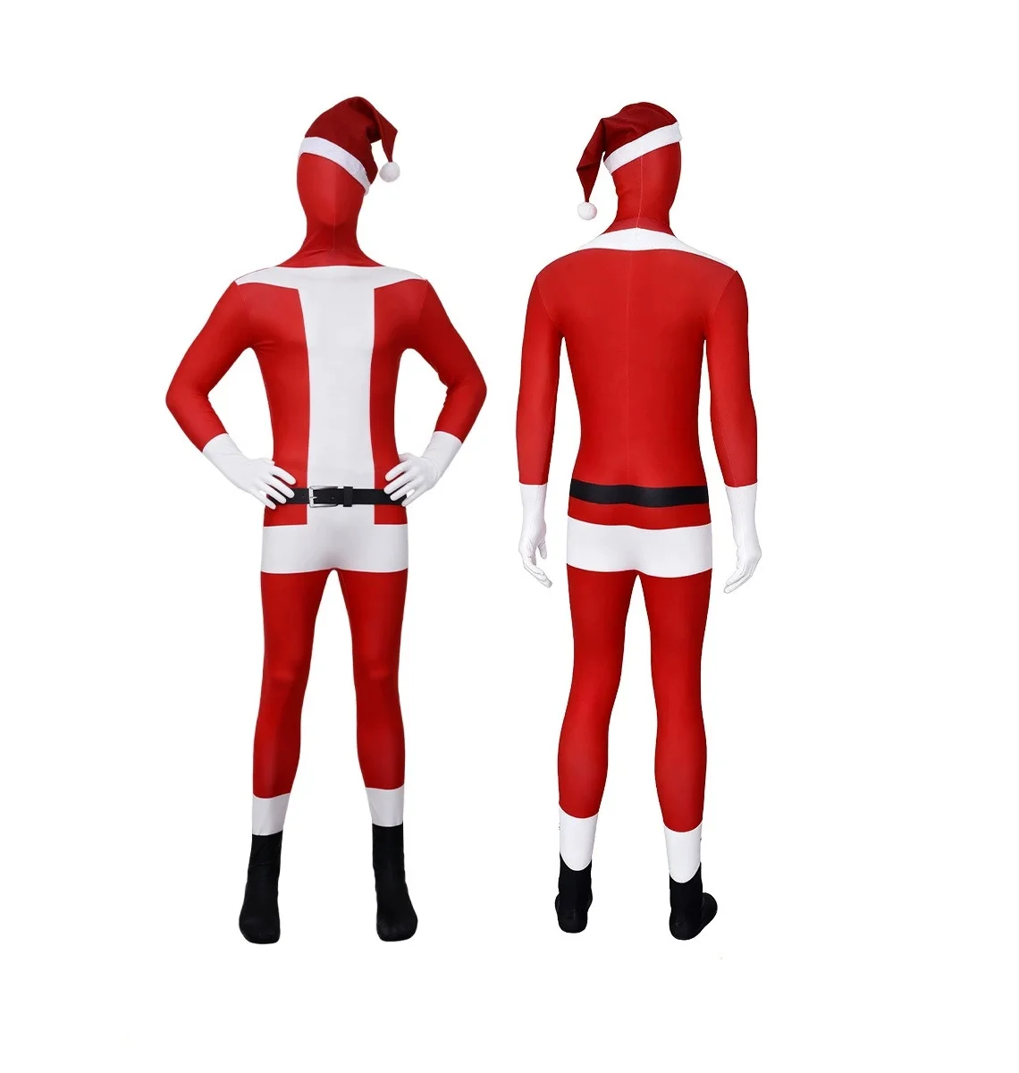 

Disappearing Man Santa Claus Body Suit Costume Red and White Christmas Santa Jumpsuit with Hat for X'mas Party Suit Dress Up Set