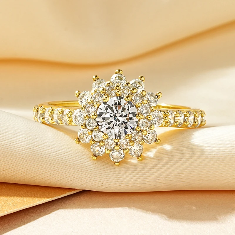 Lnngy 5mm/6mm Round Cut Moissanite Halo Engagement Ring 14K Gold Filled Sunflower Shape Wedding Ring for Women Jewelry Gift