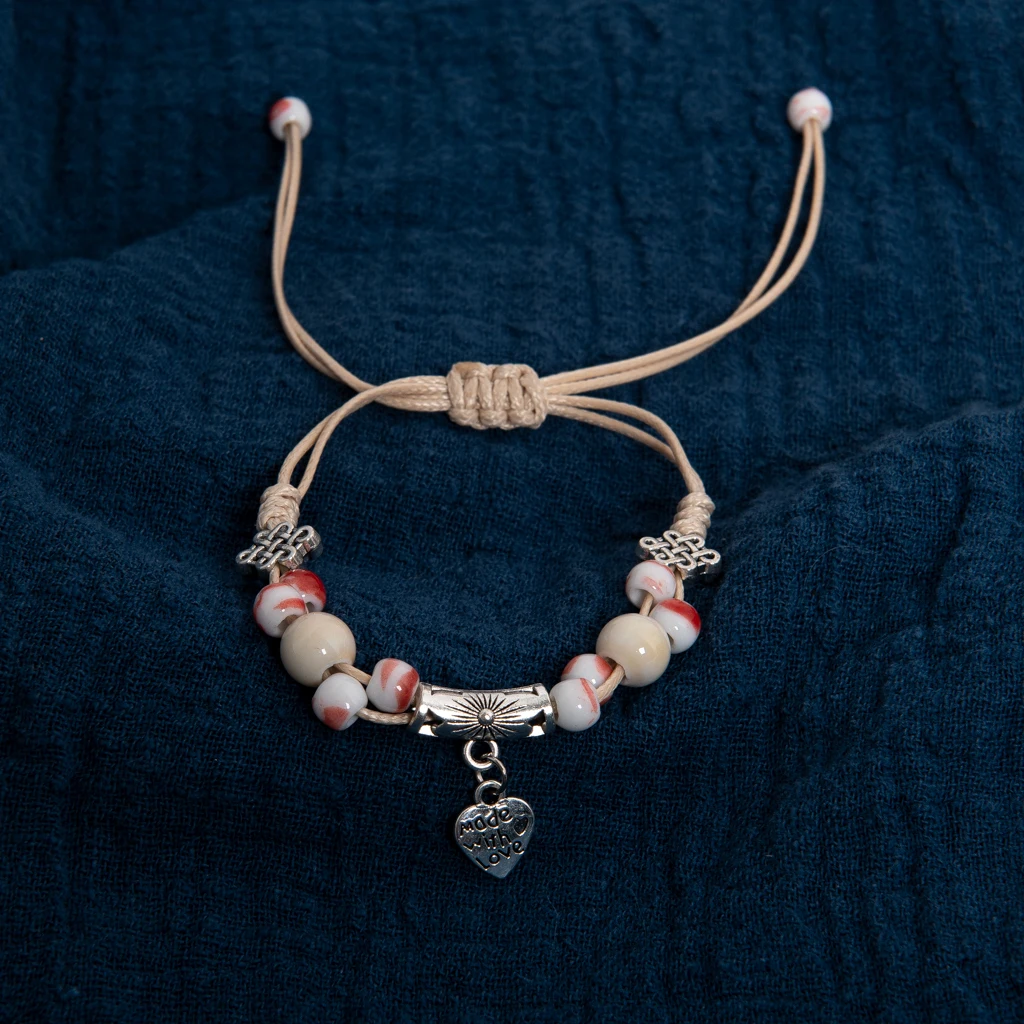 Pulsera de cerámica hecha a mano con dije de amor, cuerda ajustable Multicolor con colgante de corazón de aleación S03-109