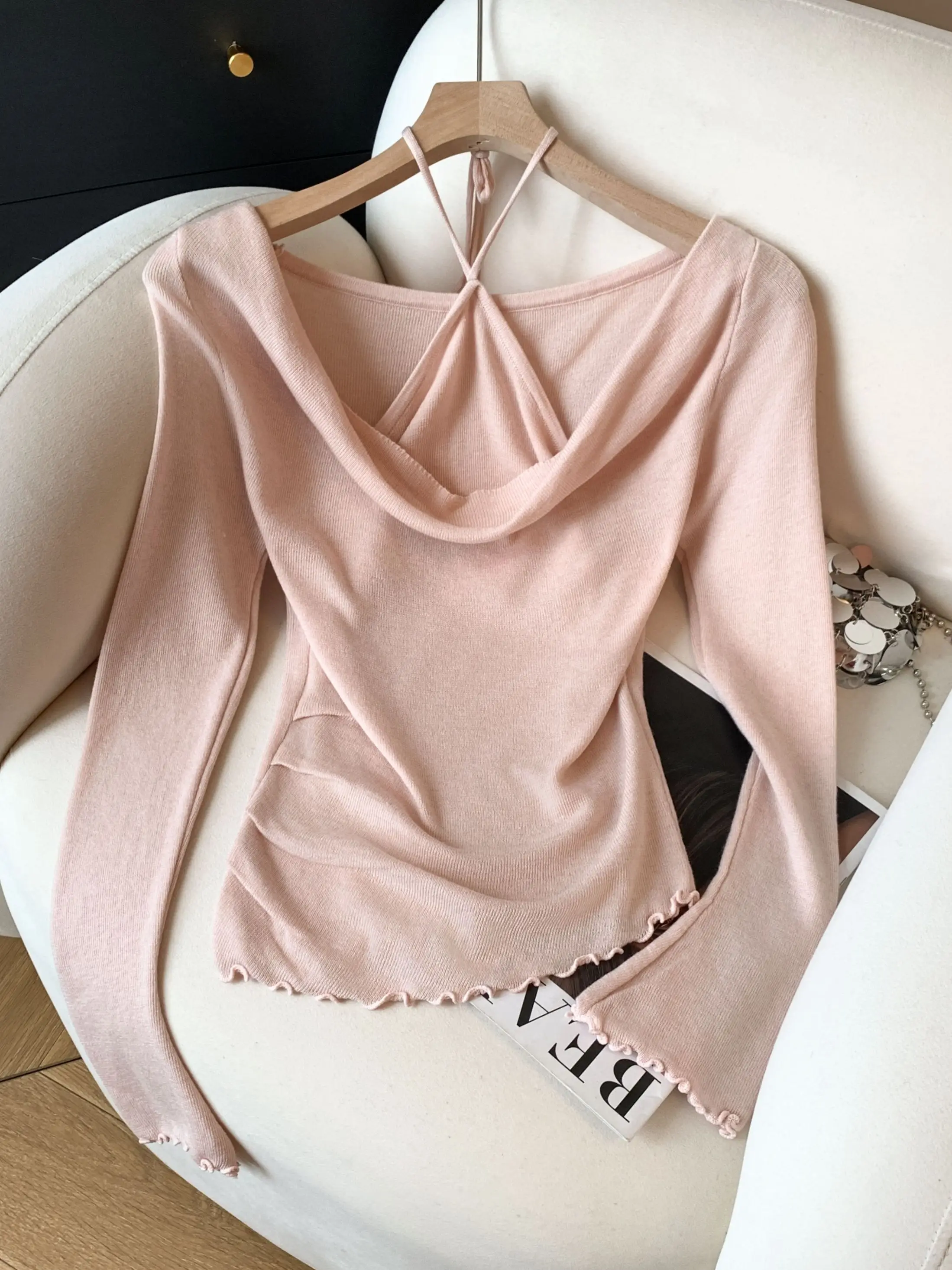 

Slim Fit Long Sleeve Knitted Top Women's Early Spring 2026 New Style Neck Hanging Strap Inner Wear Top Korean Style Base Shirt