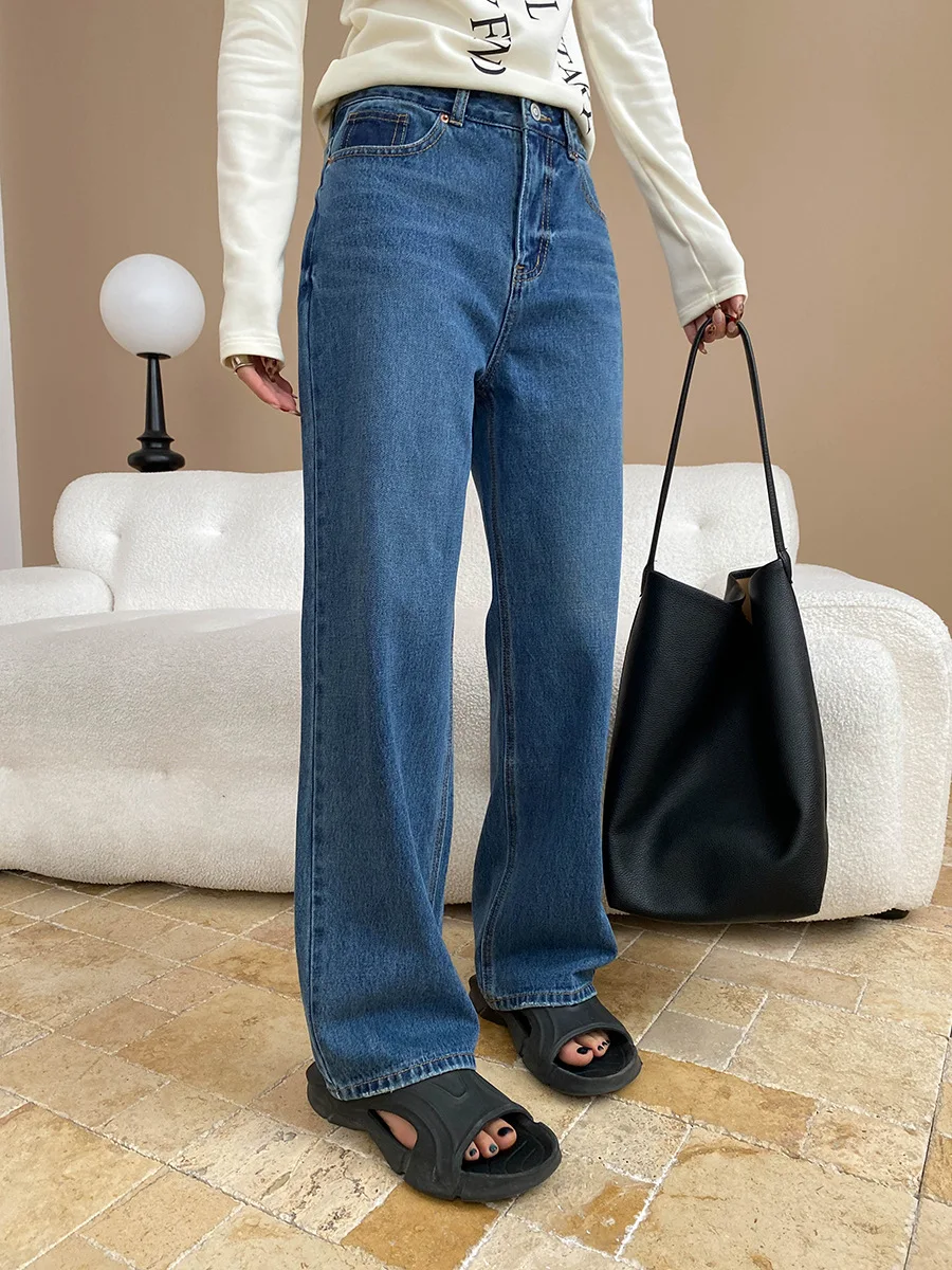 

Spring women's casual solid color high waist loose wide leg jeans