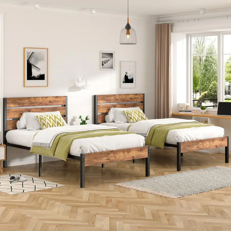 

2-х комплектов каркаса кровати двойного размера с деревянным изголовьем и изножьем, сверхпрочные рамы-платформы с системой опоры с металлическими планками, 12 дюймов