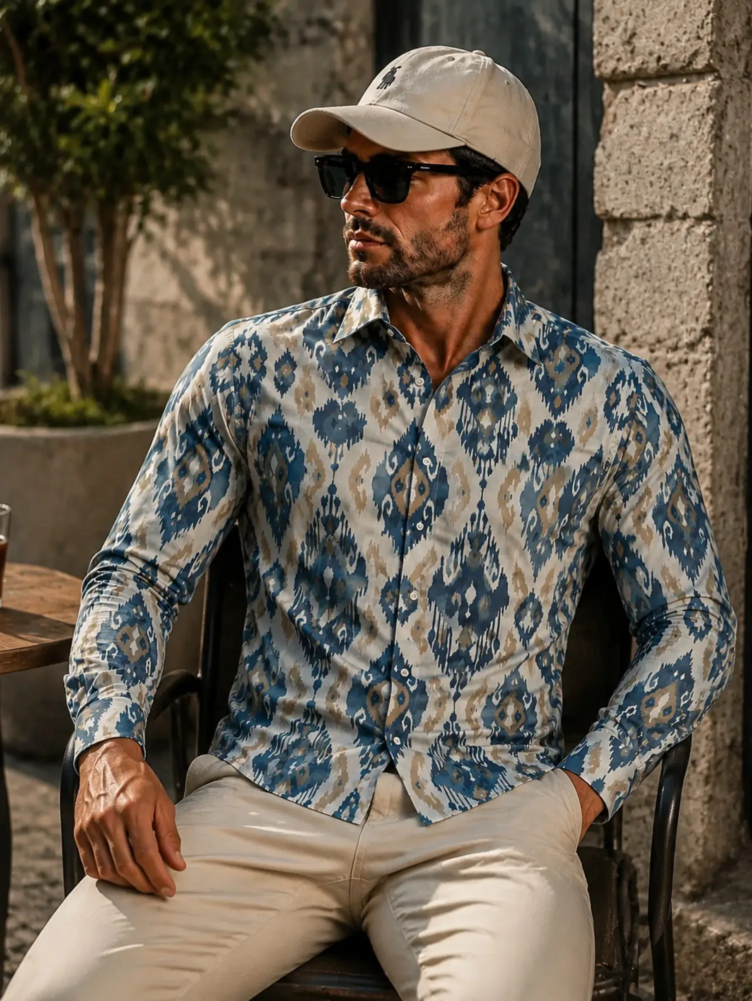 New Autumn/Winter Collection Long-Sleeve Shirt with Dark Wavy Vertical Stripe Random Print Design