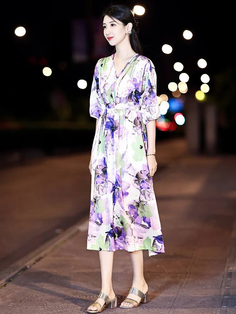 High Quality Ink Painting Heavy Real Silk Dress 2024 New Summer Purple Printed High-Grade Loose 