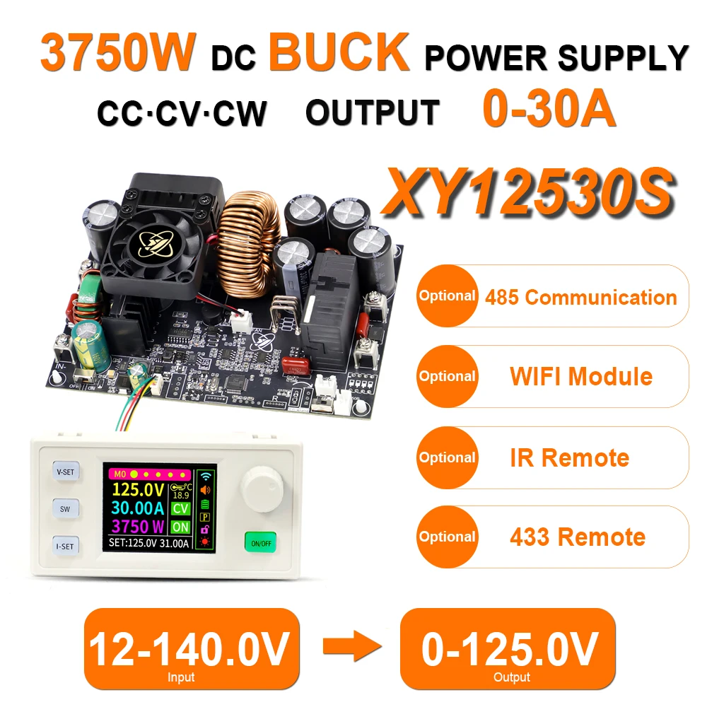 XY12530S 3750W 30A CNC Step-Down Adjustable DC Power Supply CV CC CW Buck Converter MPPT Charging 12-140V To 0-125V WIFI 485 IR