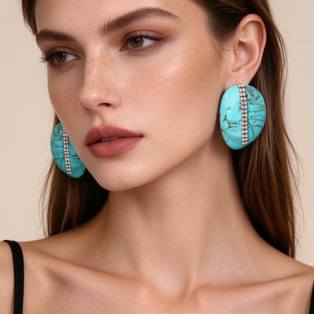 Unique Irregular Oval Faux Turquoise Resin Earrings for Women Rhinestone Inlaid Striped Jewelry Accessories