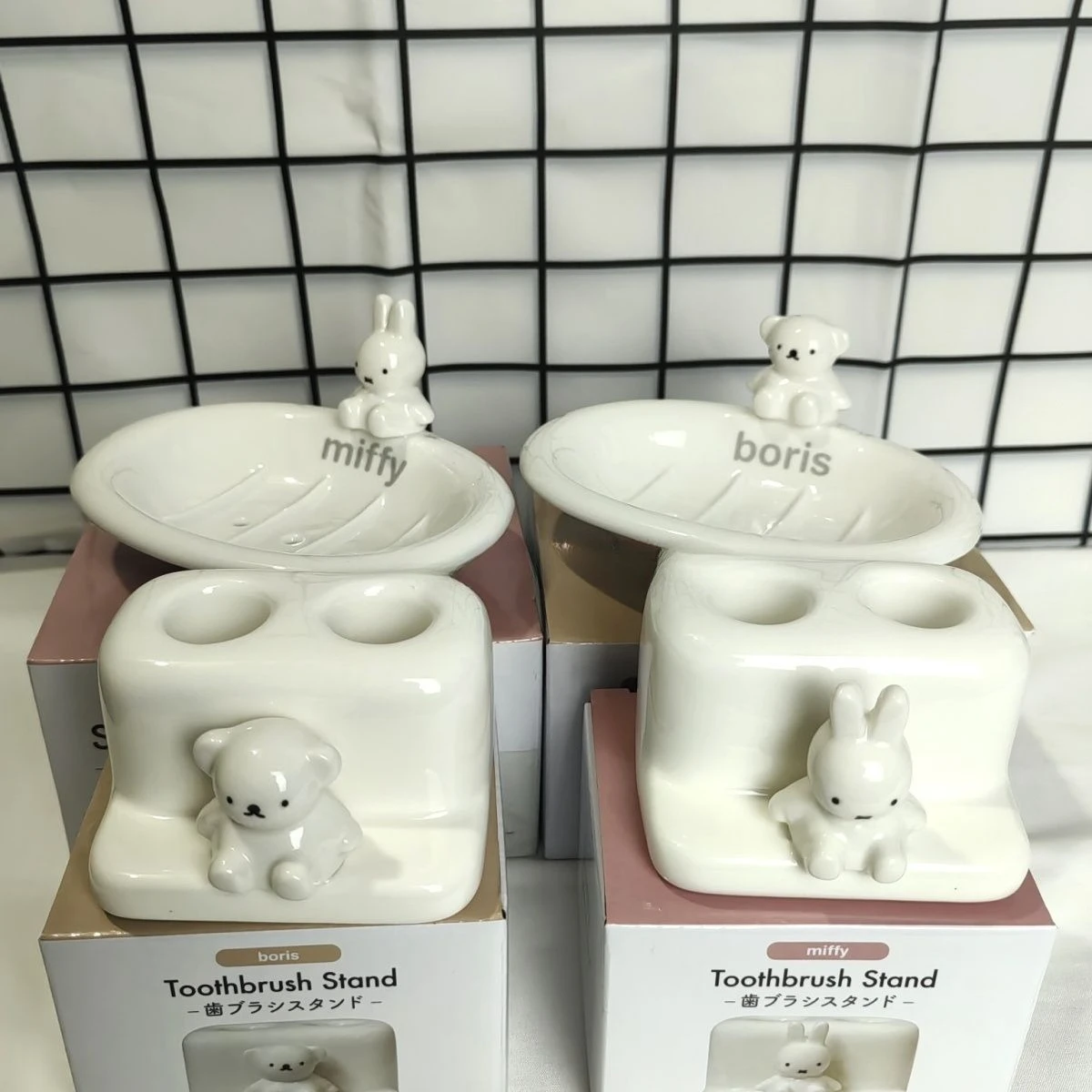 Miffy Toothbrush Holder Soap Dish Cartoon Cute Household Use Ceramic Toothbrush Soap Dish Drain Storage Rack Daily Necessities