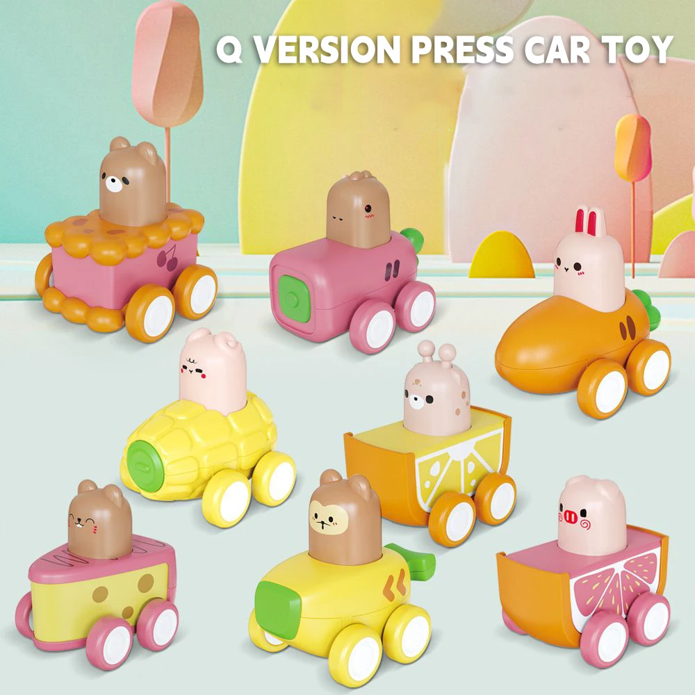 7Style Press Gourmet Toy Car Cartoon Q Version Mini Fruit Cake Animal Car Model Set For Baby Coaster Car Birthday Gifts