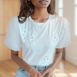 Summer White Short Sleeve T-shirt Women Elegant O Neck Casual Three-dimensional Flower Tee Shirt Loose Beading Tshirt  8542