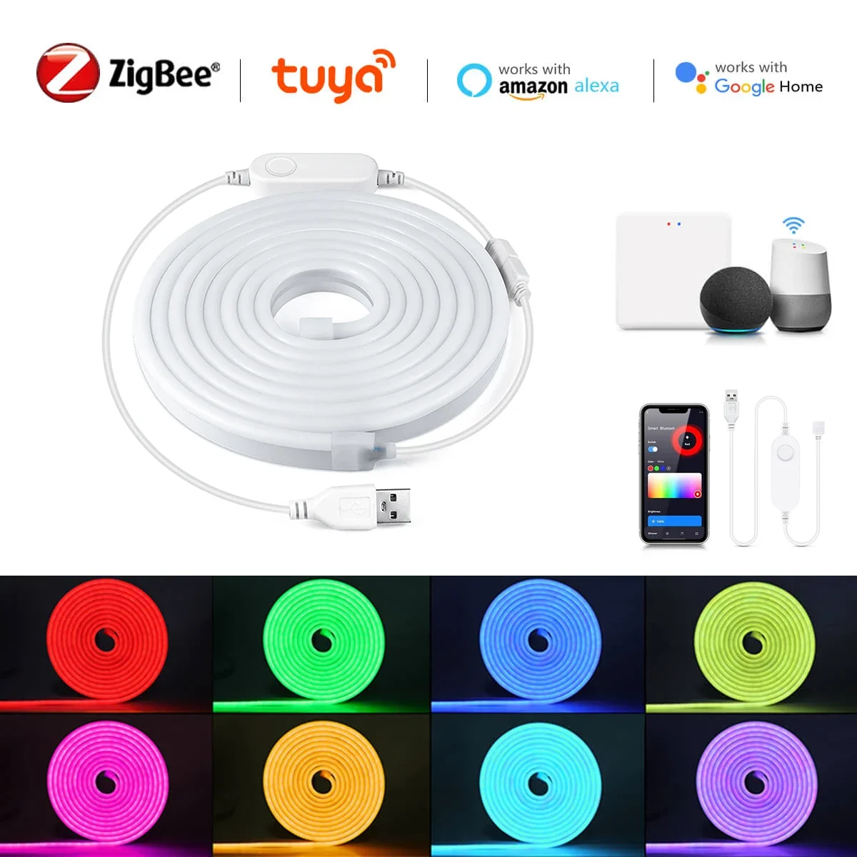 Smart Zigbee Neon LED Strip Licht USB 5V RGB/Koud Wit/Warm Wit Werken met Zigbee Hub Gateway Alexa Google Home APP Voice Ctrl