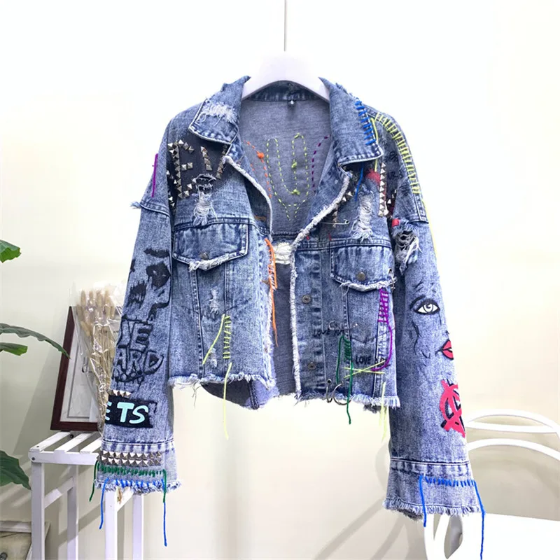 

Denim Jackets Pop Women Jacket High Street Graffiti Personality Short Raw Cut Rivet Jacket Fringe Jean Coat Jaqueta Feminina