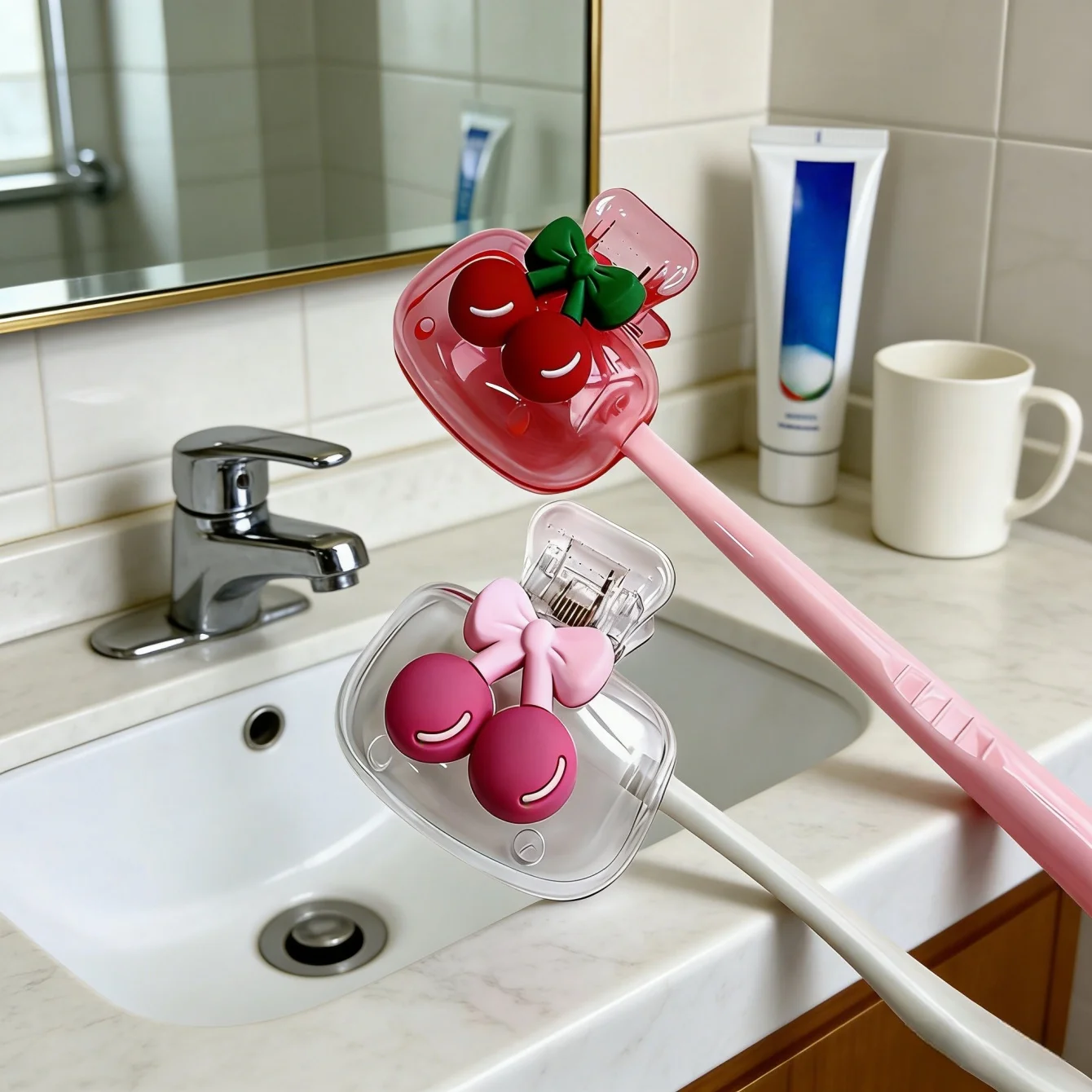 Cute Cherry Design Elements Paired with Toothbrush Head Protective Cover,Suitable for Home Use or Travel Carrying