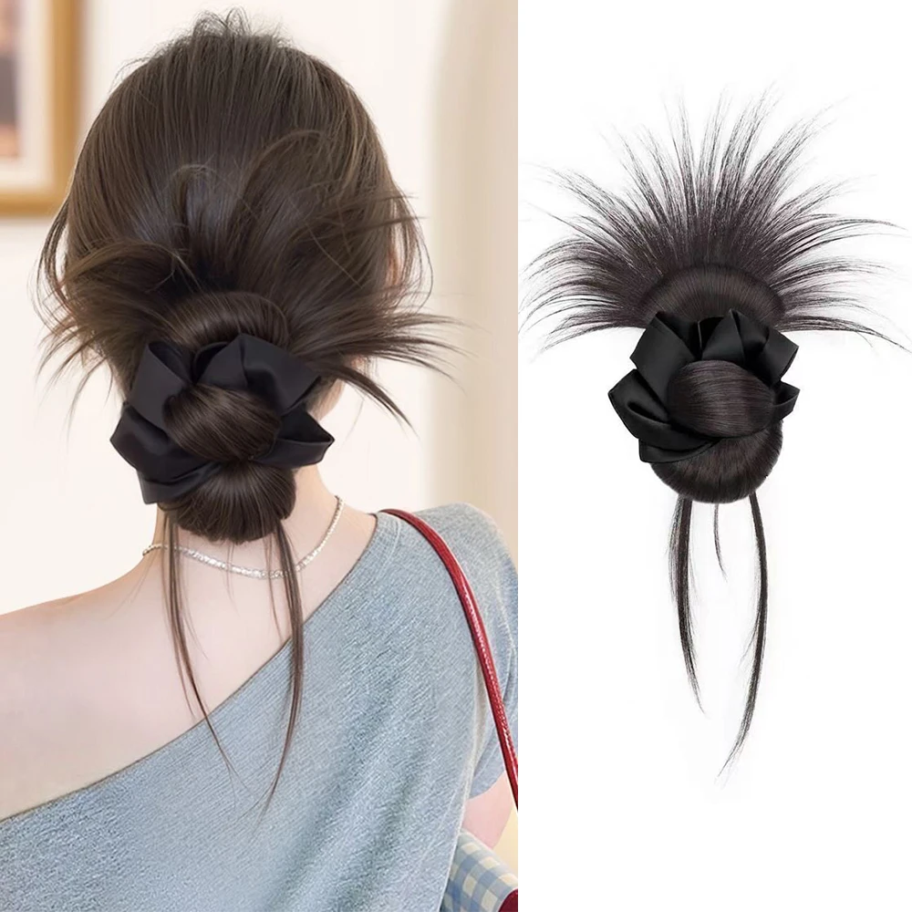 Black Synthetic Hair Shaggy Loose Temples Bun Claw Clip Hair Ring Fluffy Chignon Hair Accessories for Women