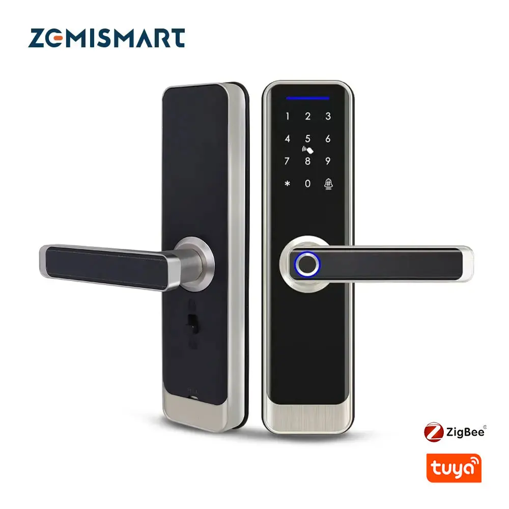 Zemismart-cerradura de puerta inteligente Tuya Zigbee, dispositivo con huella dactilar, llave de tarjeta IC, contraseña, aplicación de desbloqueo