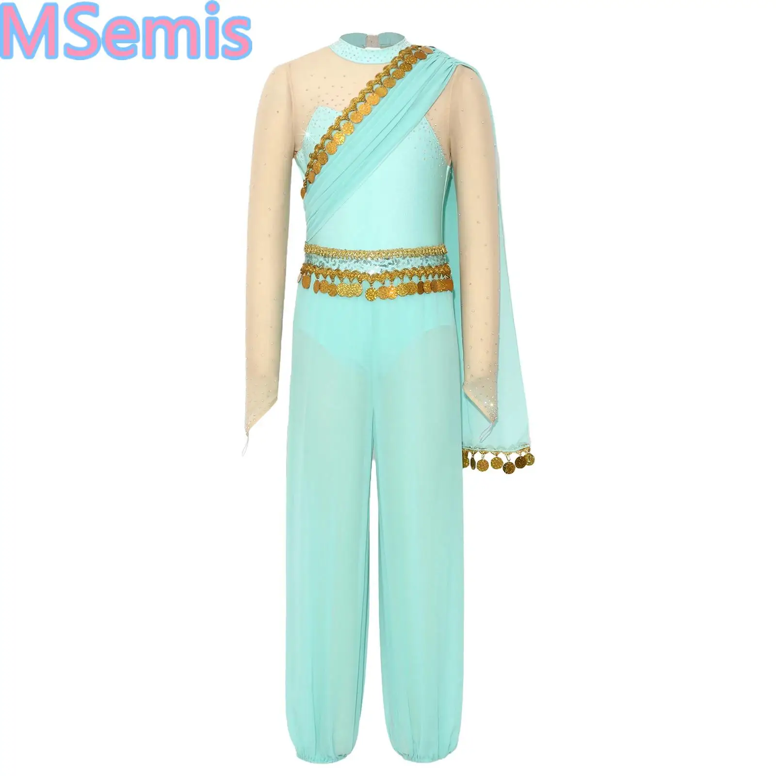 Kids Girls Arab Princess Costume Drapey Jumpsuit Long Sleeve Mesh Patchwork Sequins Tassels Rompers for Halloween Party Belly