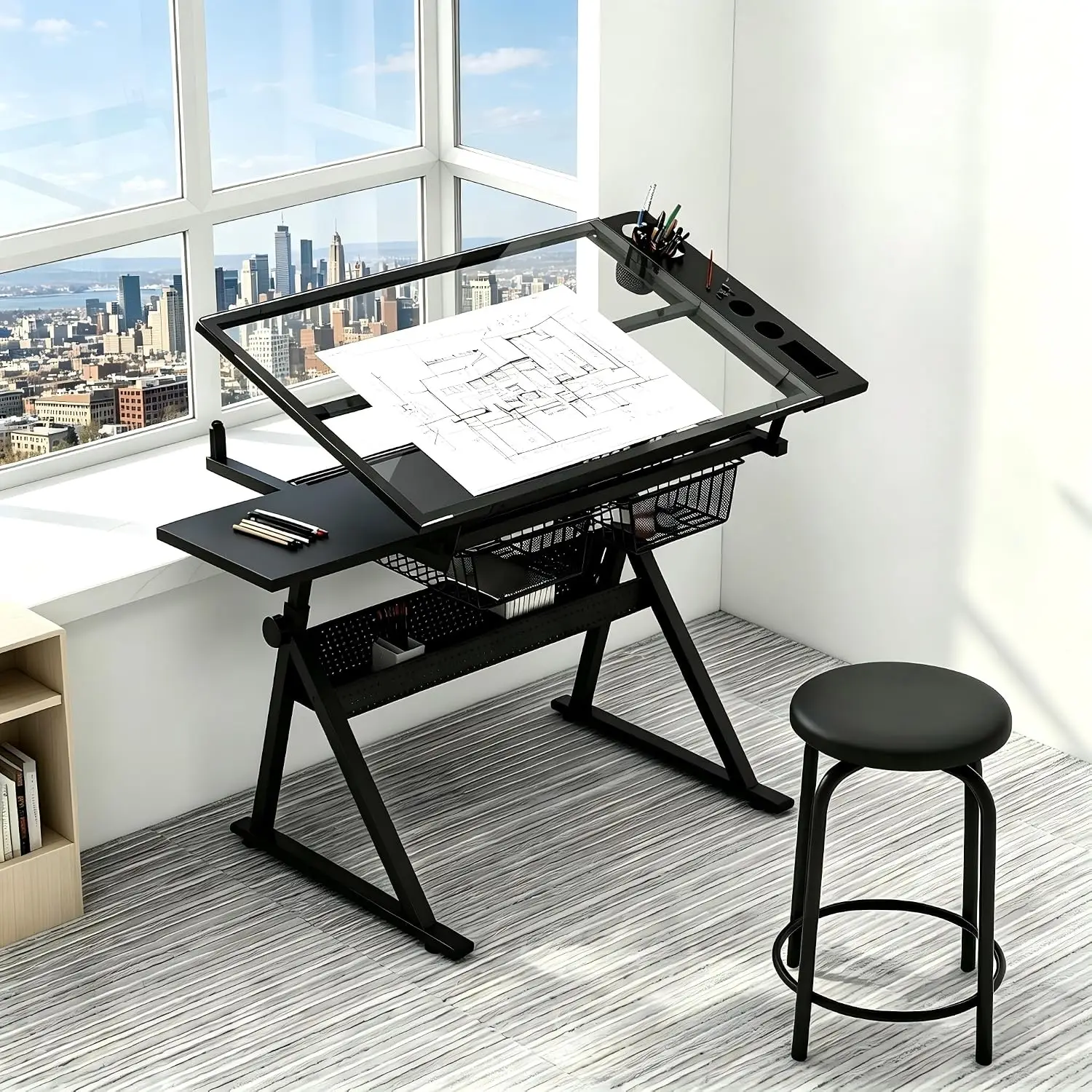 Drafting Table w/Stool, Height Adjustable Drawing Table