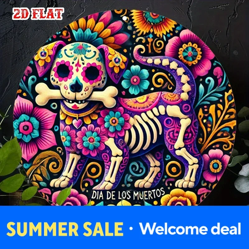 2D Flat 1pc Vibrant Mexican Dia de los Muertos Round Aluminum Sign - Colorful Skeletons & Flowers,Rustic Metal Wall Art for H