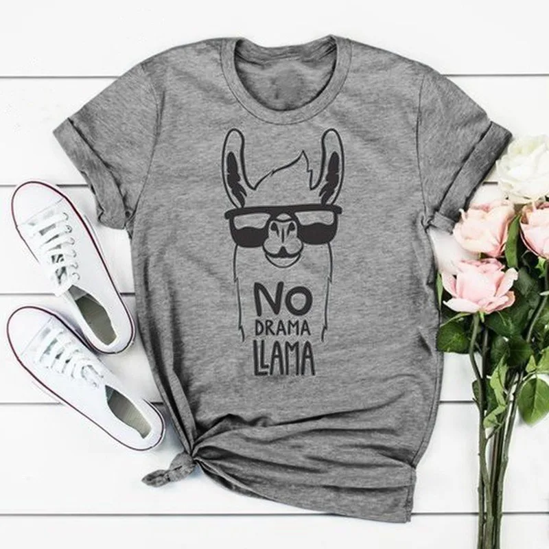 No Drama Llama Alpaca Print T Shirt Women Short Sleeve O Neck Loose Tshirt Summer Women Tee Shirt Tops Camisetas Mujer