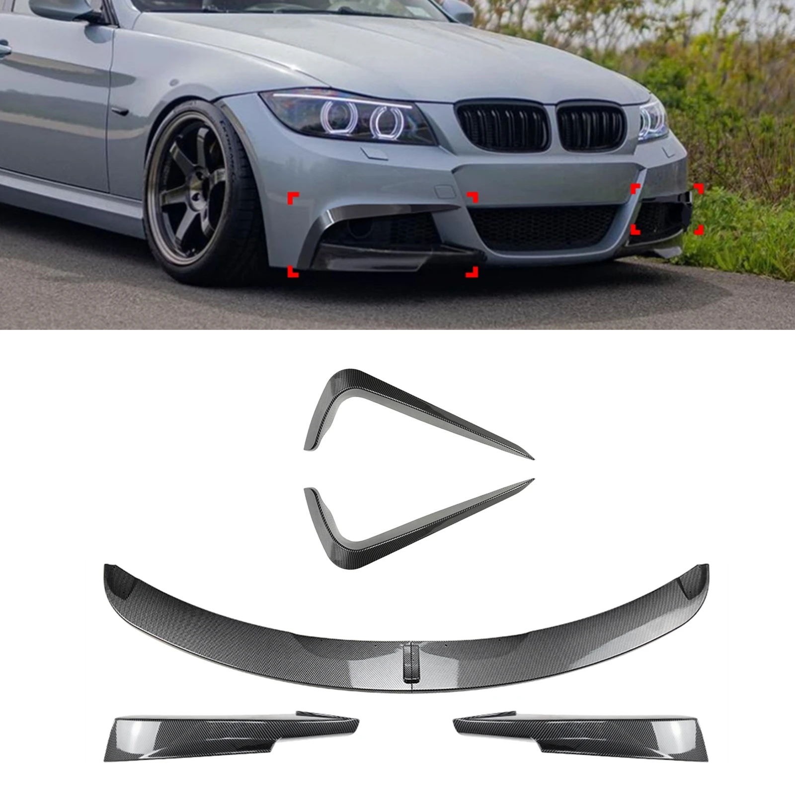 

For BMW 3 Series E90 E91 LCI M Sport 325i 335i 2009-2012 Front Bumper Spoiler Lip Splitter+Side Air Vent Intake Frame Trims Kit