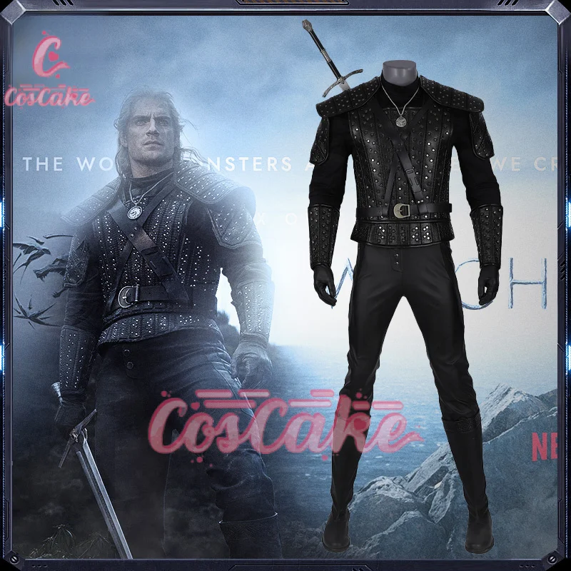 Witcher Geralt of Rivia Cosplay Costume Black Men Battle Uniform Top Pants Halloween Carnival Party Suit Coscake