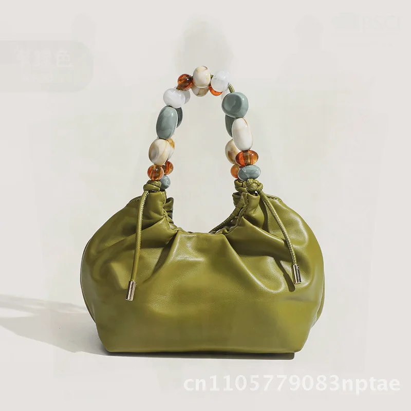 Chinese Bead Dewdrop Women's Crossbody Bag Retro Chain Shoulder Urban Minimalist PU Green White Small Pleated Magnetic Clasp