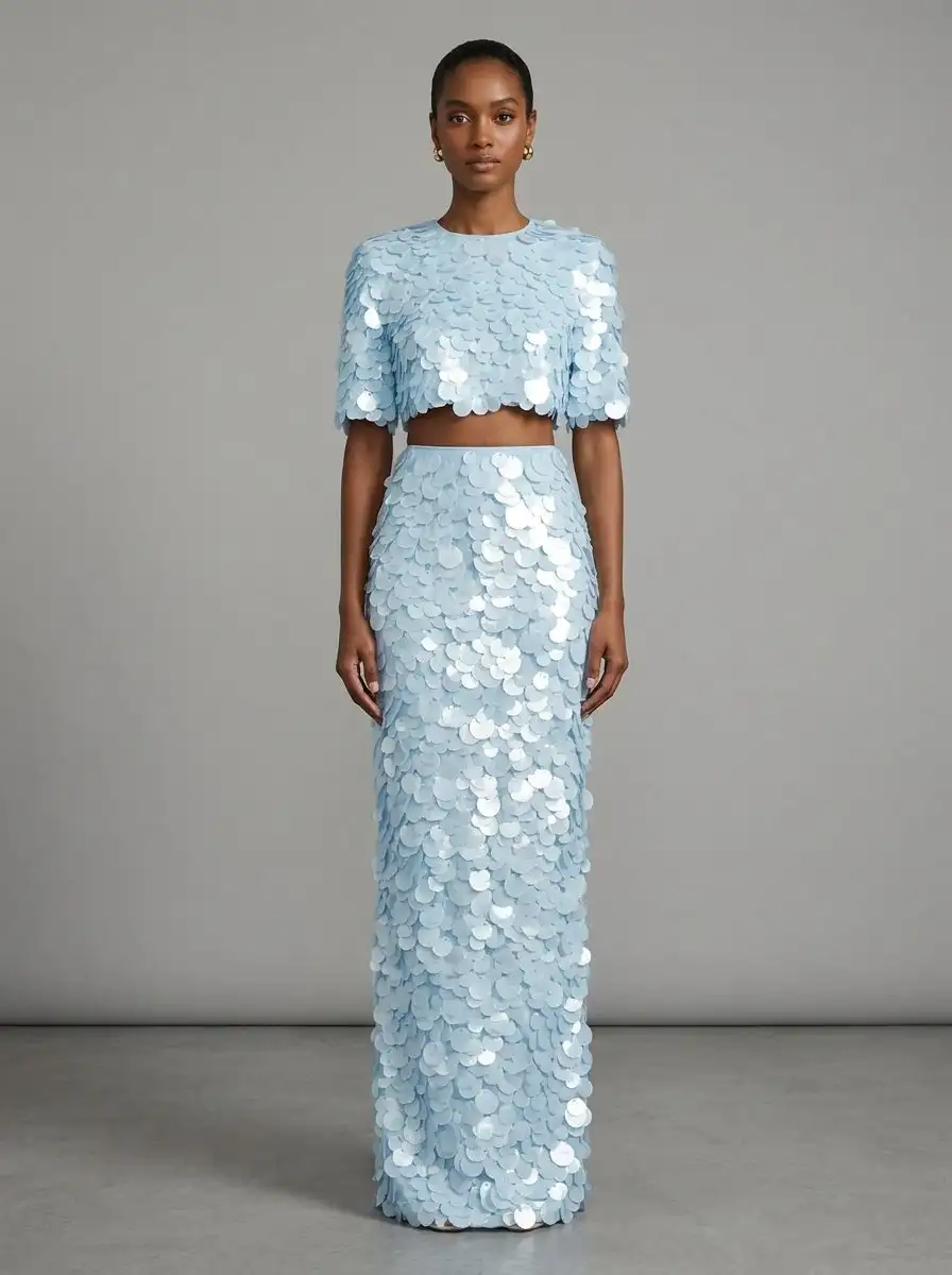 Light Blue 2 Piece Set Large Disc Sequin Crop Top Long Maxi Skirt Mermaid Evening Gown Women Beach Yacht Party Conjunto YD261005
