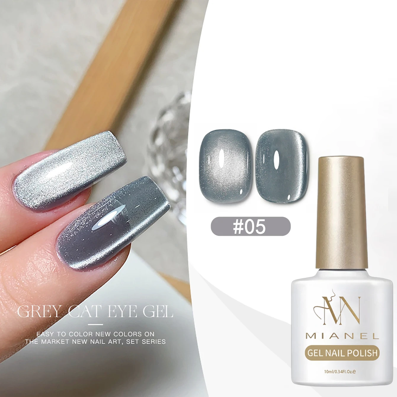 MIANEL 10ML Rauchgrauer Katzenaugen-Gel-Nagellack 2026 Neuer Trend, Funkelnd & Schmeichelnd, Grauton Glasperlen Katzenaugen-Nägel – Detail 23