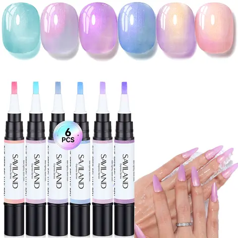 SAVILAND Gel Polish Pen Set 6 Colors One-Step 3in1 Base Color Top Coat Polarized Effect Manicure Art DIY Salon Travel 4 ml UVLED
