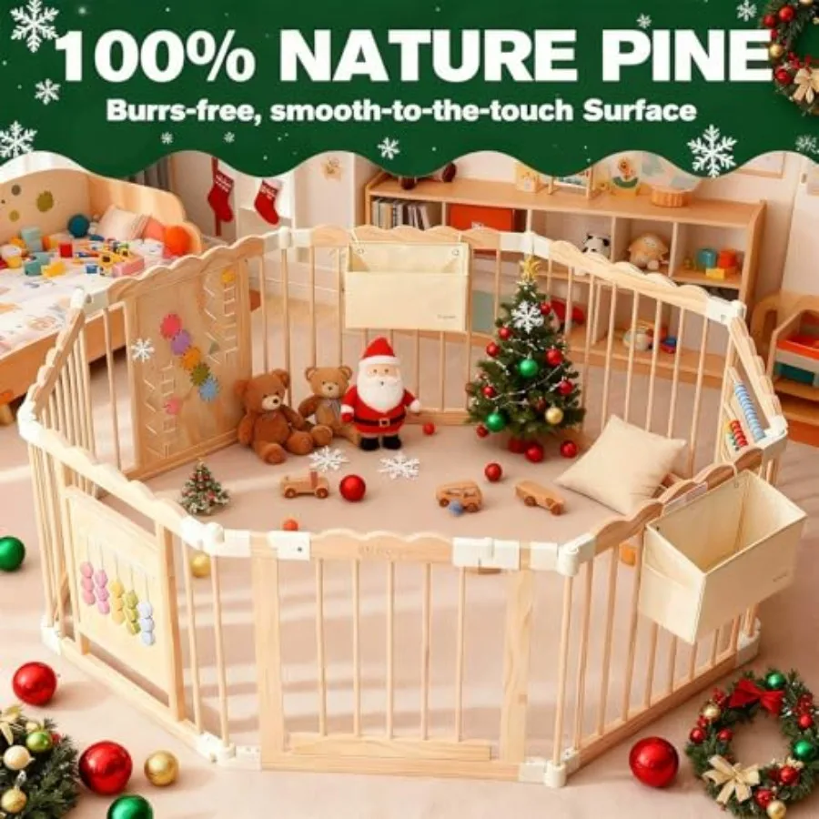 روضة أطفال 57 × 57 × 25 مقاس قابل للتعديل وشكل روضة أطفال خشبية مع أكياس تخزين من خشب الصنوبر الطبيعي قابلة للطي P