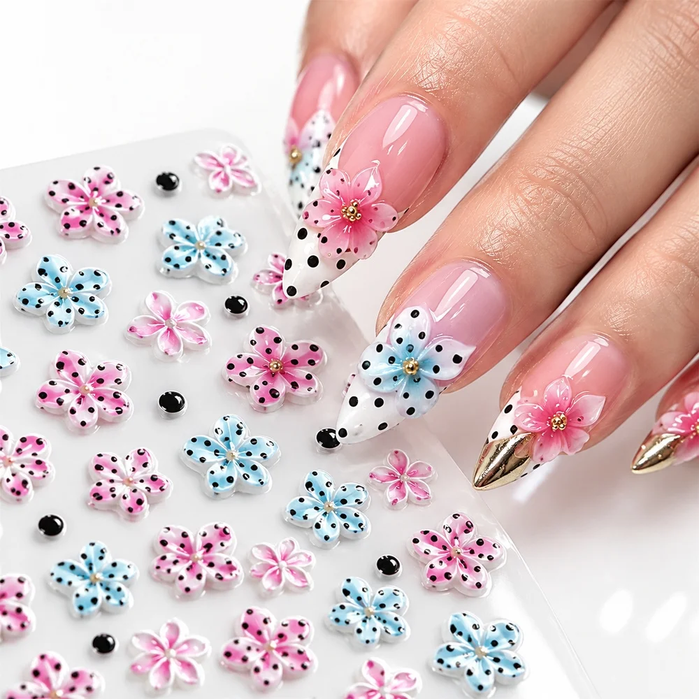 Y2K Nail Stickers Blue Pink Polka Dot Flower Embossed Self Adhesive Decals Club Party Trendy Style Nail Art Decor Set for Women