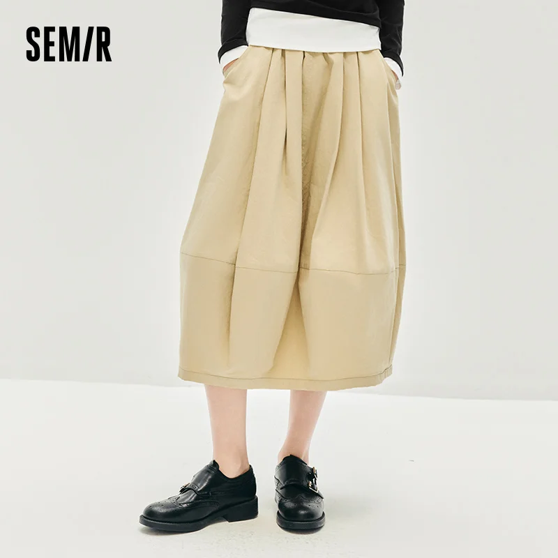 Semir Skirt Women's Solid Textured A-Line High Waist – Casual Long With Elastic Band Woman Clothing